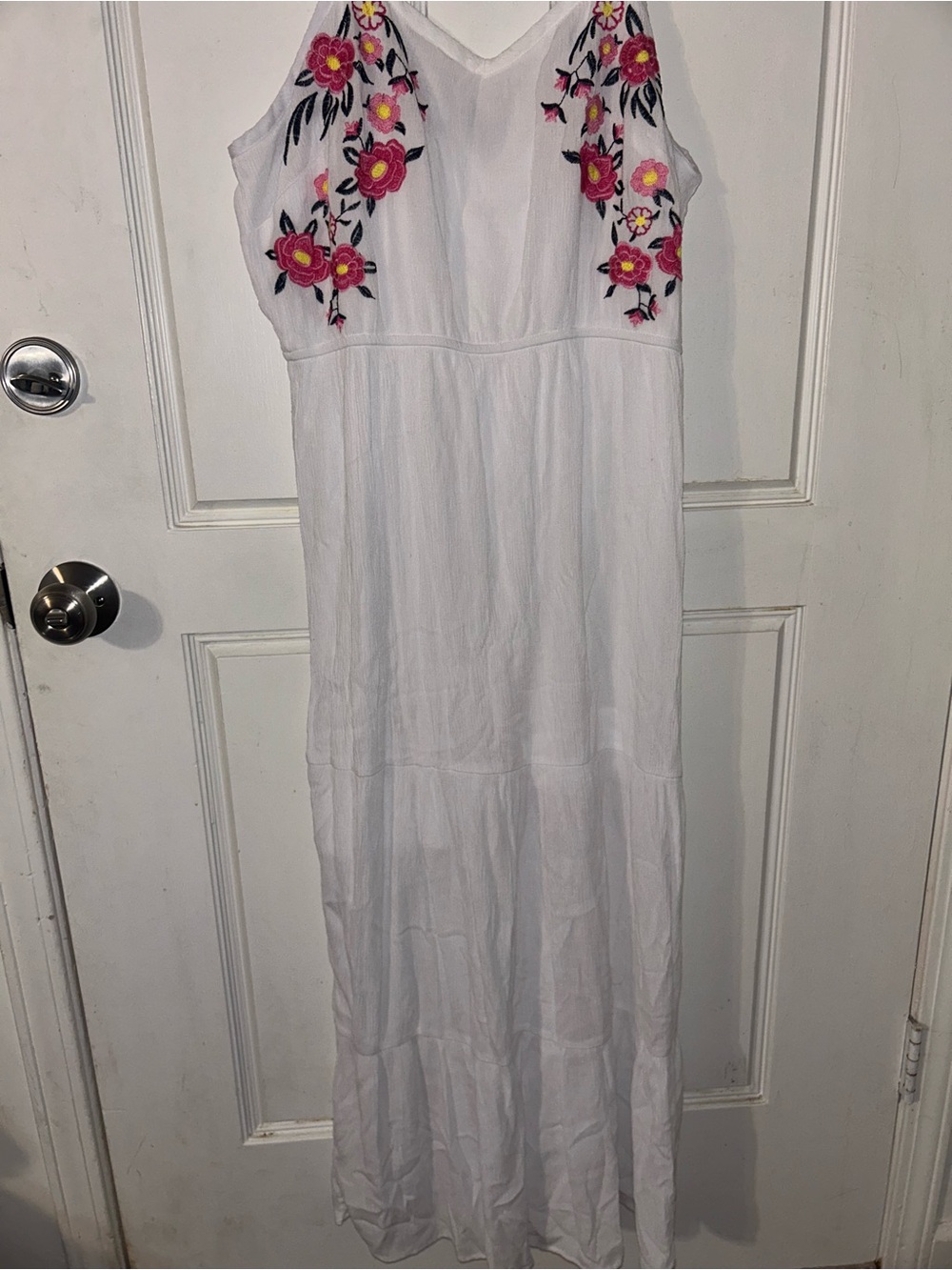 White Maxi Dress with Pink Floral Embroidery